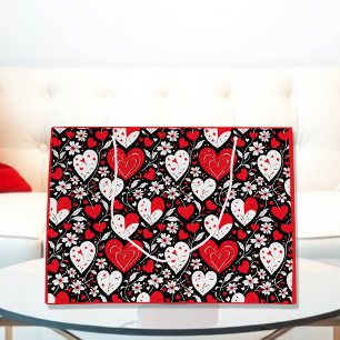Red, Black & White Hearts and Flowers Large Gift Bag