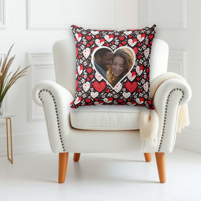 Red, Black & White Hearts and Flowers Personalised Cushion (Creator Uploaded)