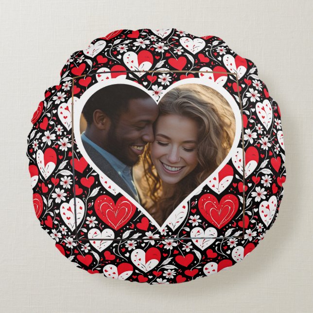 Red, Black & White Hearts and Flowers Personalised Round Cushion (Front)
