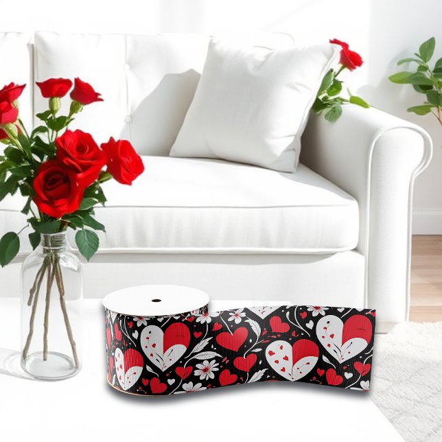 Red, Black & White Hearts and Flowers Valentine's  Grosgrain Ribbon (Creator Uploaded)