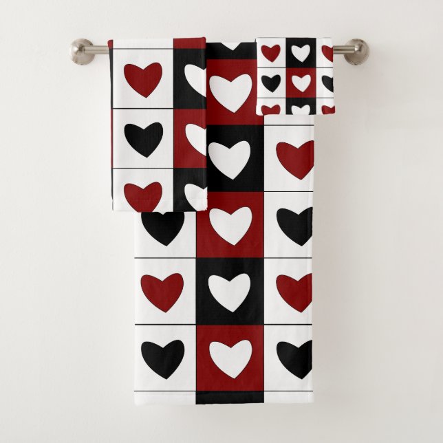Red Black White Hearts Pattern Valentines Day Bath Towel Set (Insitu)
