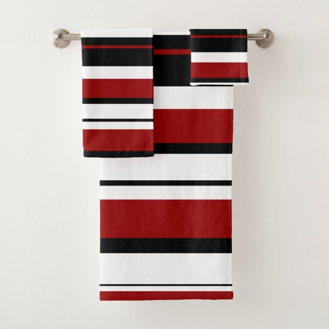 Red Black White Horizontal Stripes Bath Towel Set (Insitu)