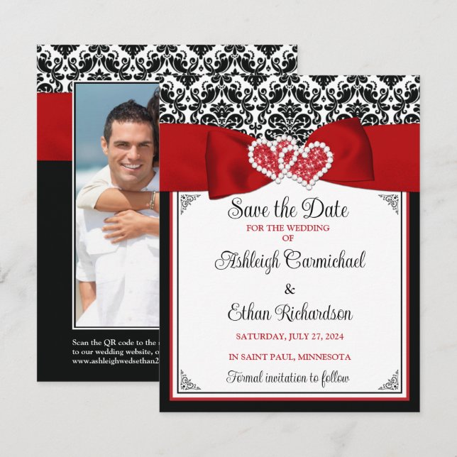 Red, Black, White Love Hearts Photo Save the Date (Front/Back)