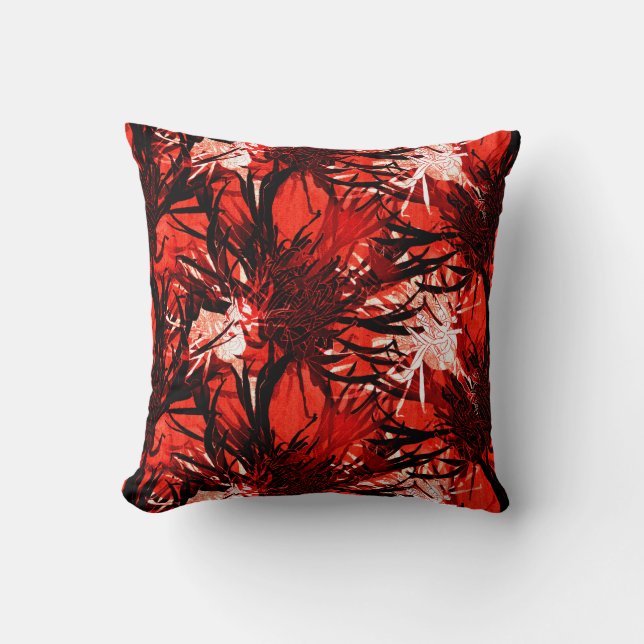 Red Black & White Modern Elegant Abstract Floral Cushion (Front)