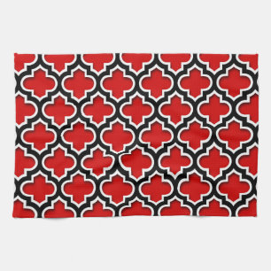 Red Black White Moroccan Quatrefoil Pattern #5DS Tea Towel