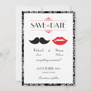 Red, Black & White Moustache & Lips Damask Wedding Save The Date