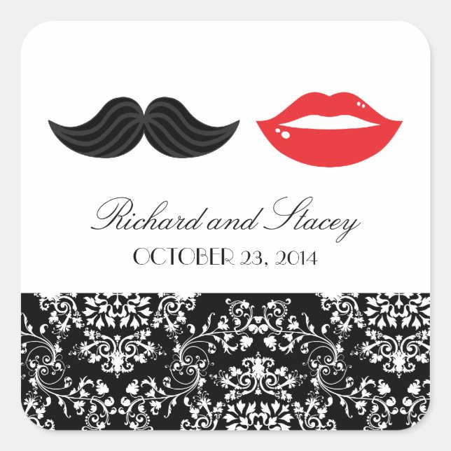 Red, Black & White Moustache & Lips Damask Wedding Square Sticker (Front)