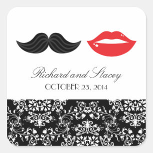 Red, Black & White Moustache & Lips Damask Wedding Square Sticker
