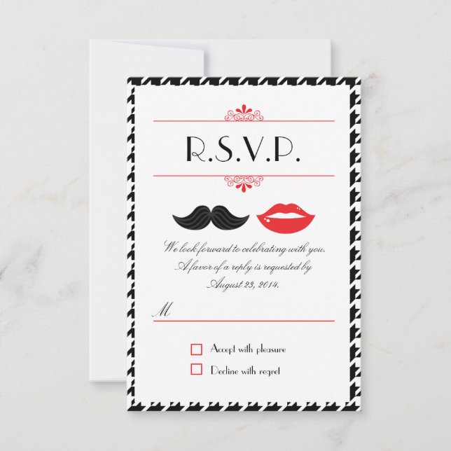 Red, Black & White Moustache & Lips Houndstooth We RSVP Card (Front)
