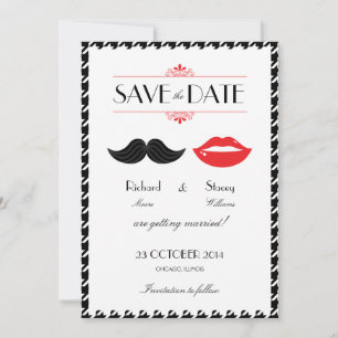 Red, Black & White Moustache & Lips Houndstooth We Save The Date