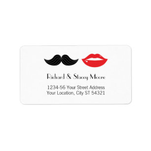 Red, Black & White Moustache & Lips Wedding Label