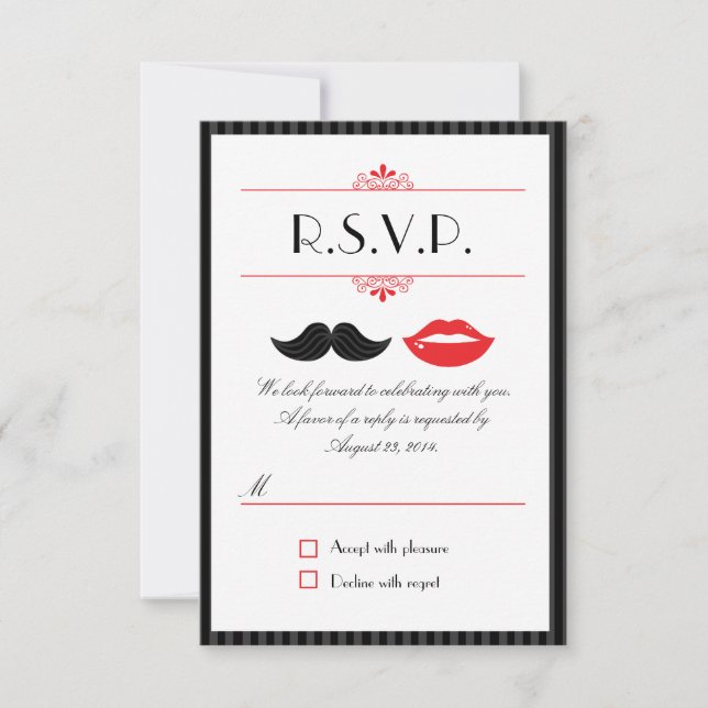 Red, Black & White Moustache & Lips Wedding RSVP (Front)