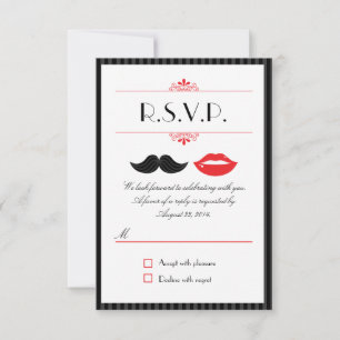 Red, Black & White Moustache & Lips Wedding RSVP Card