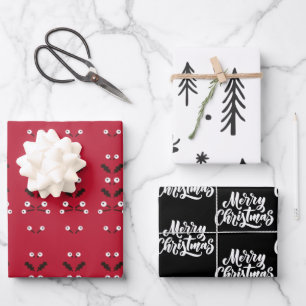 Red Black White Ornaments Illustrations Pattern Wrapping Paper Sheet