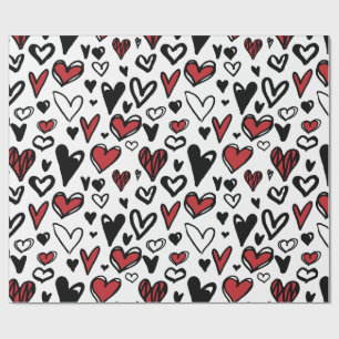 Red Black White Pattern Hearts Valentine Wrapping Paper