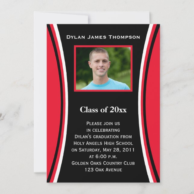 Red, Black, White Photo Graduation Invitation (Front)