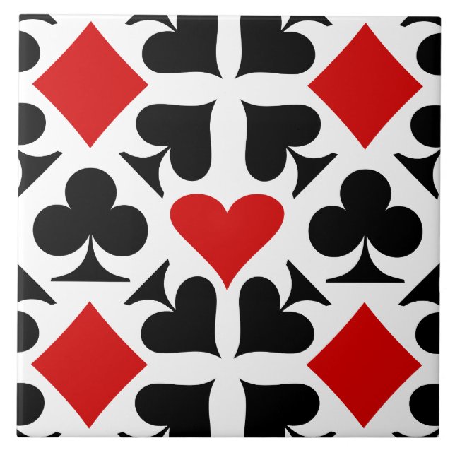 Red, Black & White Playing Card Symbols Pattern Ceramic Tile (Front)