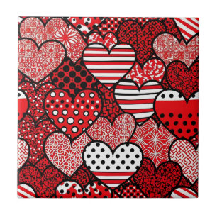 Red Black White Polka Dot Heart Valentine Ceramic Tile