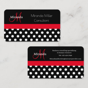 Red Black White Polka Dot Monogram Business Card