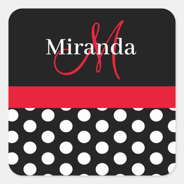 Red Black White Polka Dot Monogram Square Sticker (Front)