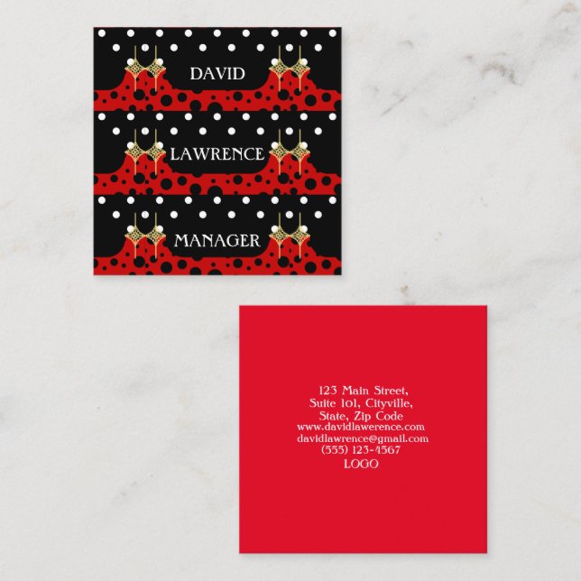 RED BLACK WHITE POLKA DOTS MODERN TRENDY MANAGER SQUARE BUSINESS CARD (Front/Back)