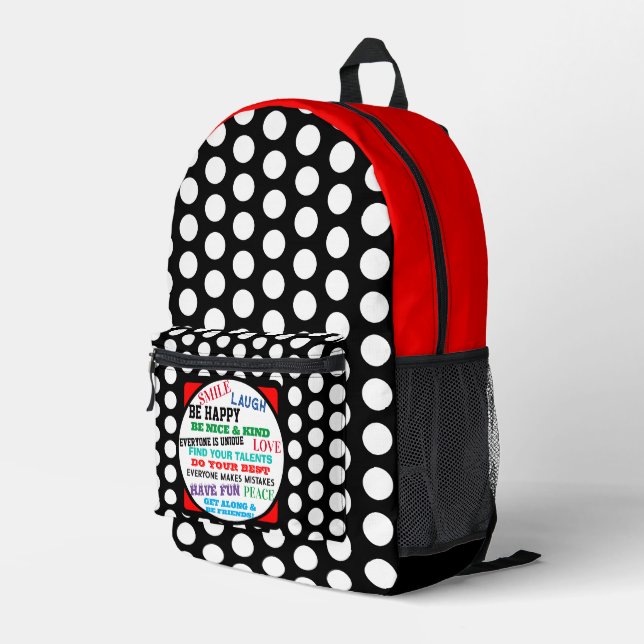 Red Black White Polka Dots Motivational Printed Backpack (Back Corner Right)