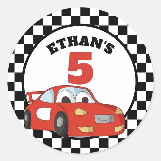 Red Black White Race Car Age Birthday Party Classic Round Sticker (Front)