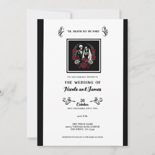 Red & Black White Roses Skeleton Couple Wedding Invitation