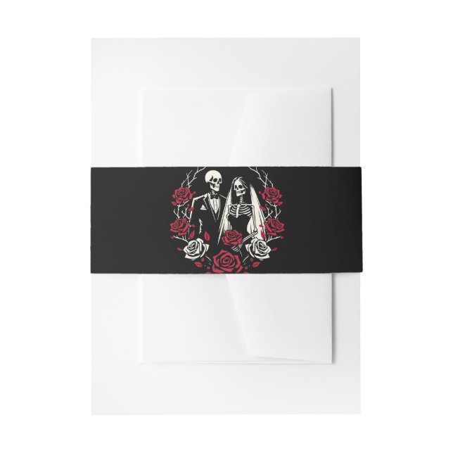 Red & Black White Roses Skeleton Couple Wedding  Invitation Belly Band (Front Example)