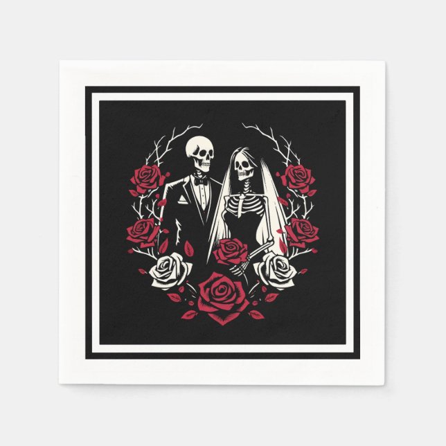 Red & Black White Roses Skeleton Couple Wedding  Napkin (Front)