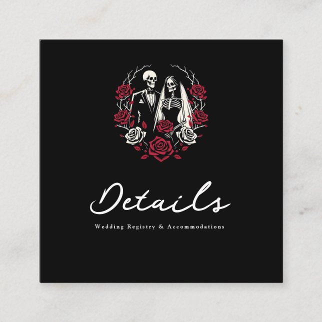 Red & Black White Roses Skeleton Wedding Details Square Business Card (Front)