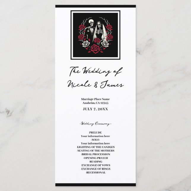 Red & Black White Roses Skeleton Wedding Menu (Front)