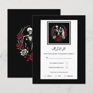 Red & Black White Roses Skeleton Wedding RSVP Invitation