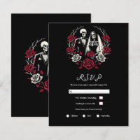 Red & Black White Roses Skeleton Wedding RSVP