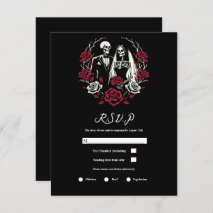 Red & Black White Roses Skeleton Wedding RSVP Invitation