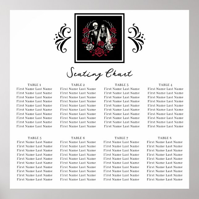 Red & Black White Roses Skeleton Wedding Seating  Poster (Front)