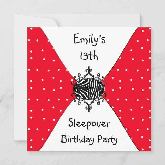Red Black White Spots 13th Birthday Sleepover Invitation (Front)