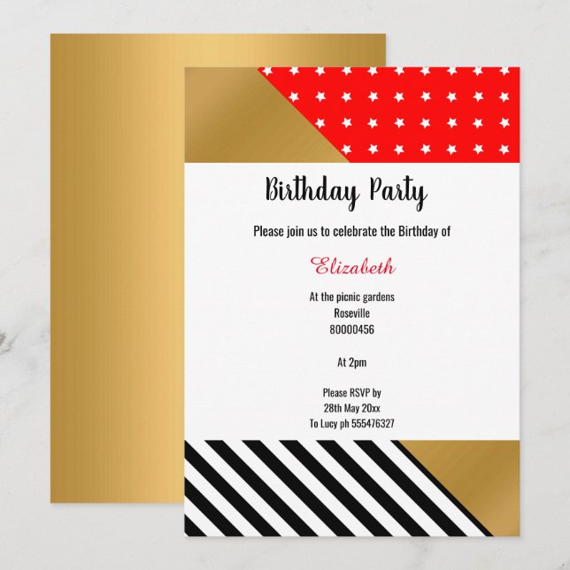 RED BLACK WHITE STARS & STRIPES BIRTHDAY INVITATION (Front/Back)