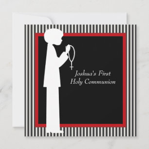 Red Black White Stripe Rosary Boys First Communion Invitation