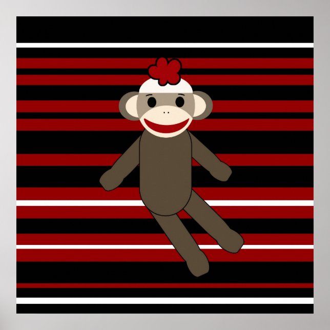 Red Black White Striped Sock Monkey Girl Sitting Poster (Front)