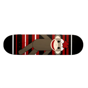 Red Black White Striped Sock Monkey Girl Sitting Skateboard