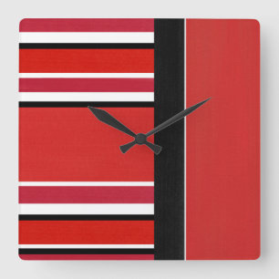 Red Black White Stripes Block Square Wall Clock