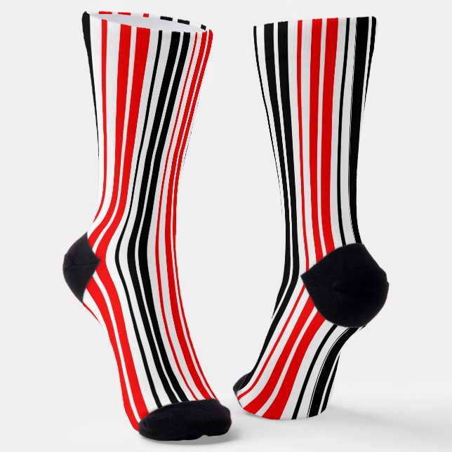 Red Black White Stripes Pattern Design  Socks (Angled)