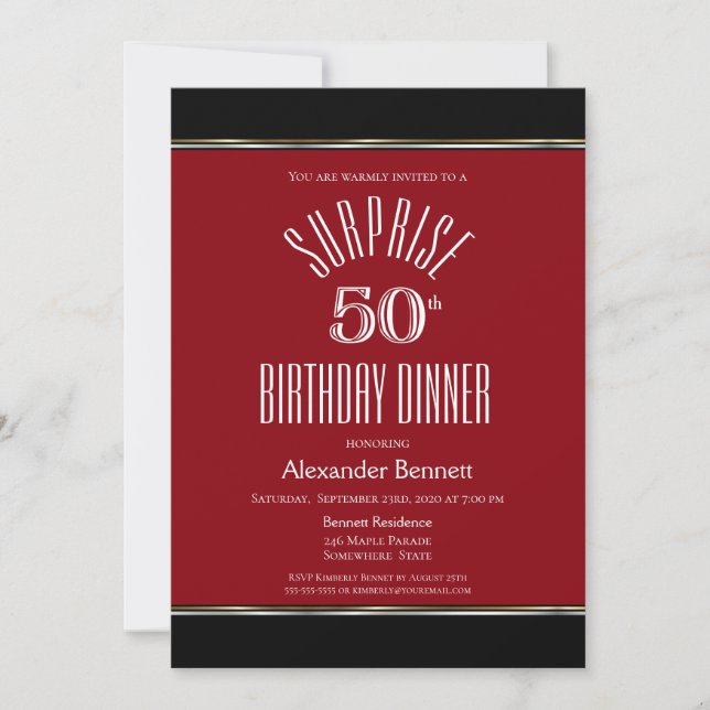 Red Black White Surprise 50th Birthday Dinner Invitation (Front)