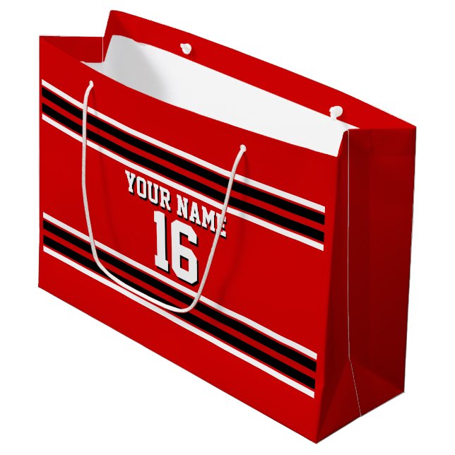 Red Black White Team Jersey Custom Number Name Large Gift Bag (Front Angled)