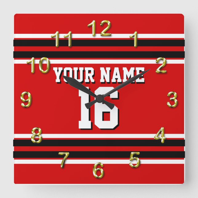 Red Black White Team Jersey Custom Number Name Square Wall Clock (Front)