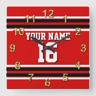 Red Black White Team Jersey Custom Number Name Square Wall Clock