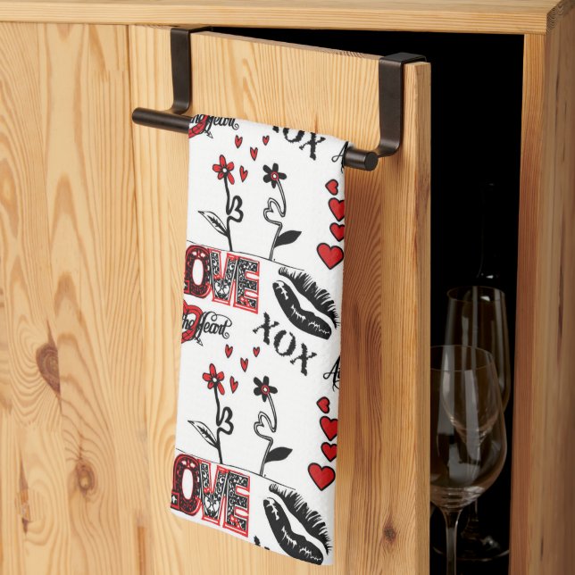 Red Black White Valentine Motif Tea Towel (Thirds Fold)