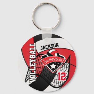 Red, Black & White Volleyball Design Key Ring
