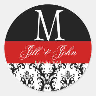 Red Black White Wedding Monogram Date Damask Seal
